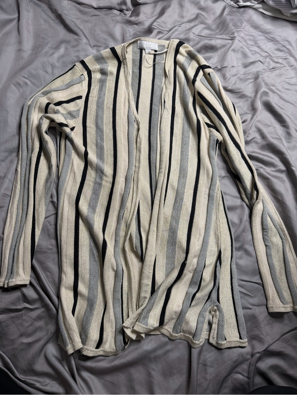 Carolyn Taylor Striped Open-Front Cardigan in Cream, Black & Gray